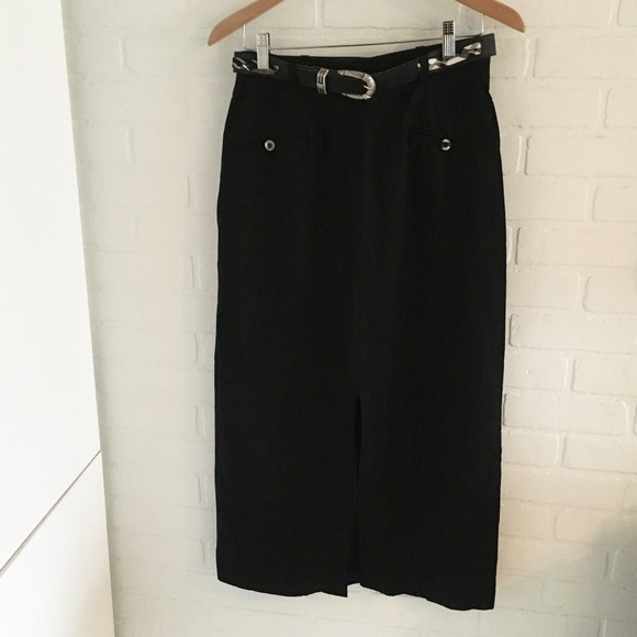 Vintage Y2K Maxi Column Skirt Rayon/Linen Front&Back slit Lined Black Country 12 - Picture 2 of 12